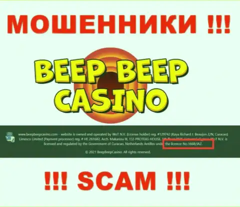 Не имейте дело с компанией Beep Beep Casino, зная их лицензию, предложенную на веб-портале, Вы не сумеете спасти свои финансовые активы