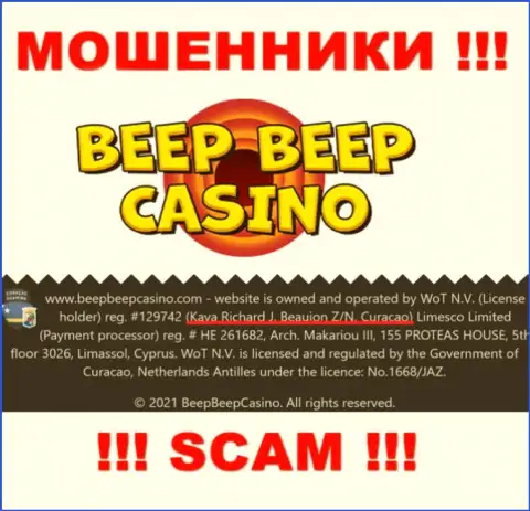 BeepBeepCasino - это незаконно действующая контора, которая пустила корни в офшоре по адресу: Kaya Richard J. Beaujon Z/N, Curacao