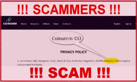 Coinumm thieves legal entity - information from the scam website