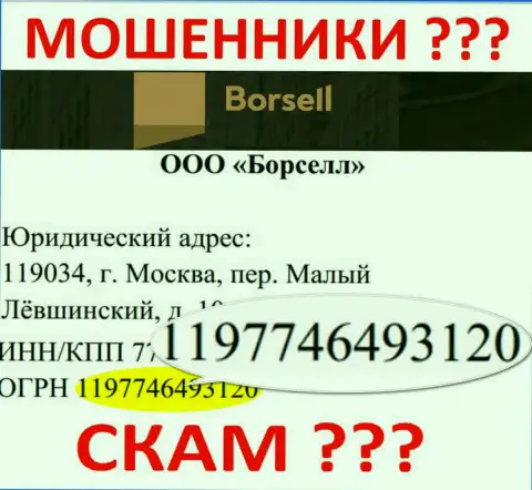 Регистрационный номер мошеннической конторы Borsell Ru - 1197746493120