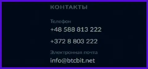 Номера телефонов и Е-майл интернет-обменника BTCBit