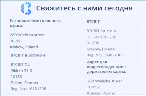 Юридический адрес онлайн-обменки BTCBit и местонахождение представительства обменного онлайн-пункта на территории Эстонии в Таллине