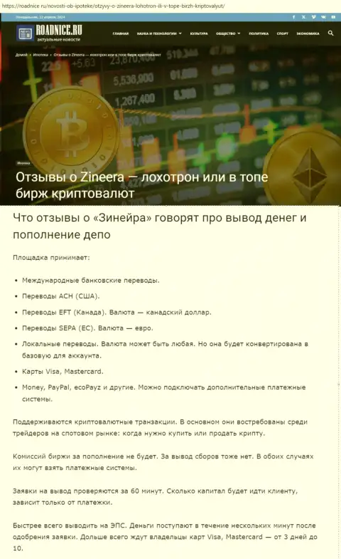 Об выводе вложенных денег в биржевой компании Zinnera в обзоре на сайте Roadnice Ru