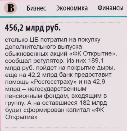 Как говорится в ежедневном издании Ведомости, почти что 500 000 000 000 российских рублей потрачено на спасение от банкротства ФГ Открытие